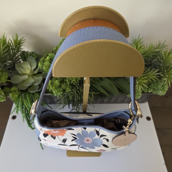 Kate Spade Penny Floral Jacquard Small Hobo + Rose Leather Circle Mirror Charm - Picture 6 of 16